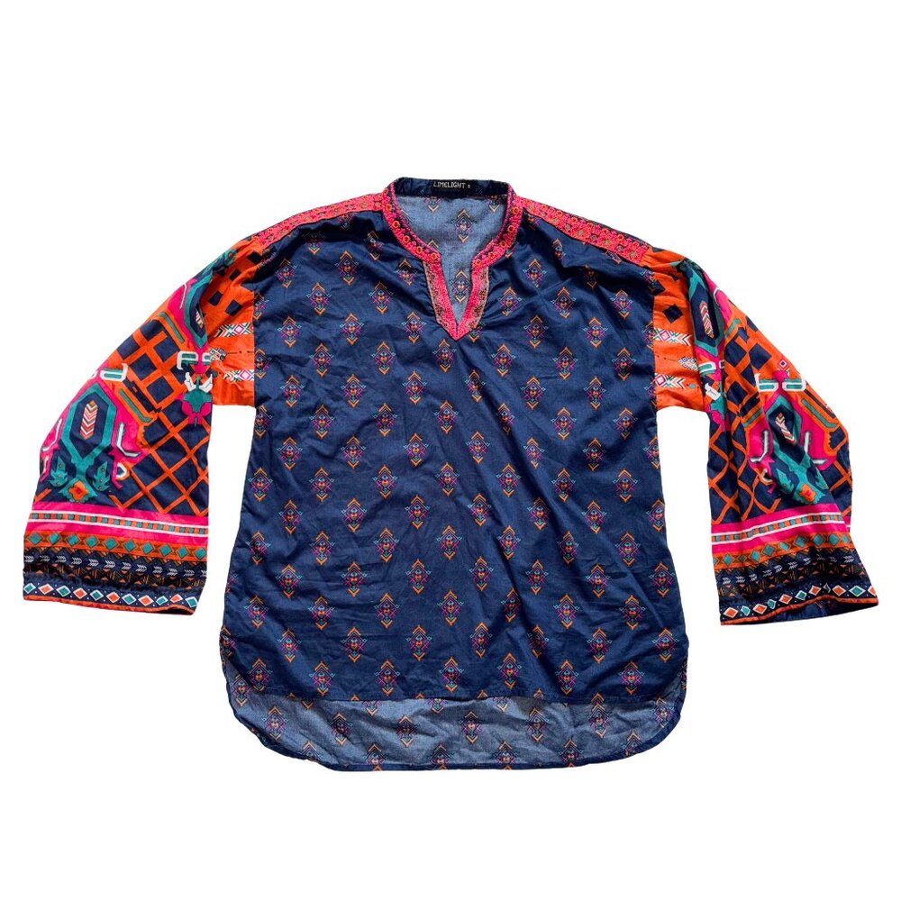 Boho Ethnic Tunic by Limelight | Navy Blue Embroidered Tribal Print Kurti Top S